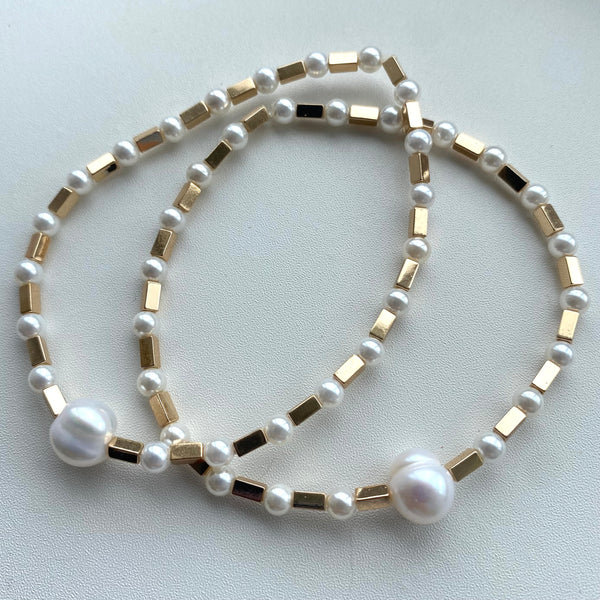 Pearl and gold hematite bars bracelet