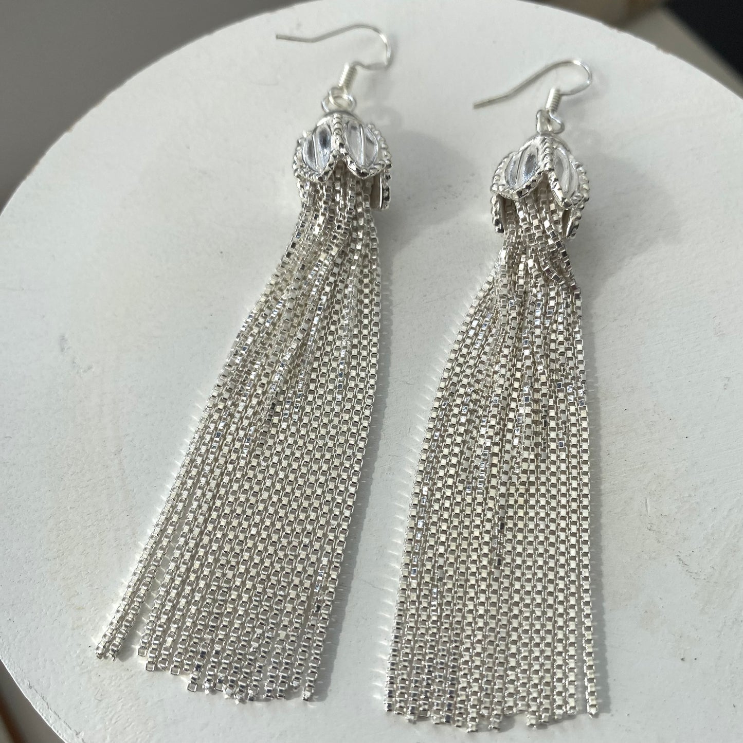 Sterling silver flower cap tassle earrings