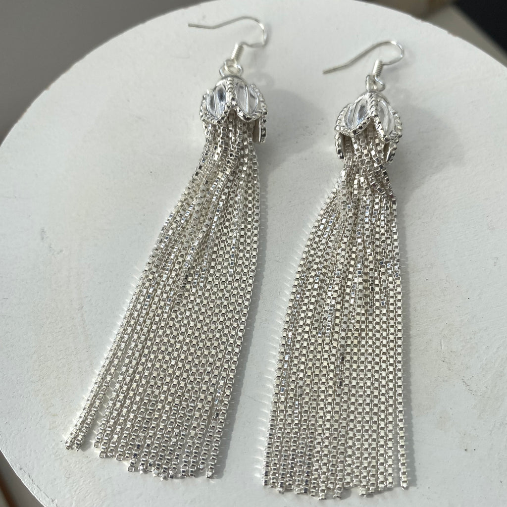 Sterling silver flower cap tassle earrings