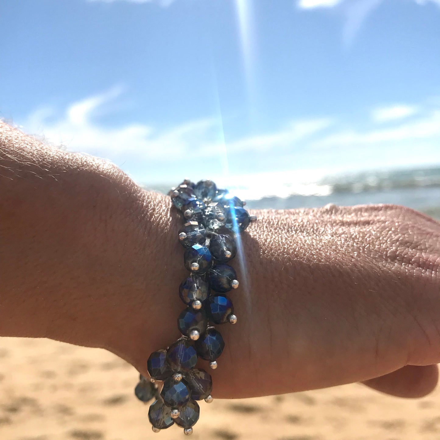 Sterling silver and blue rainbow coated clear quartz bobble bracelets