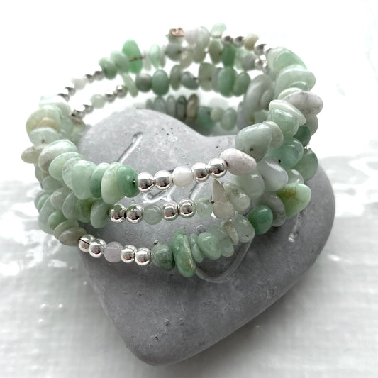 Jadeite nuggets wrap bracelet with sterling silver - Statement Pale Green Jadeite jewellery