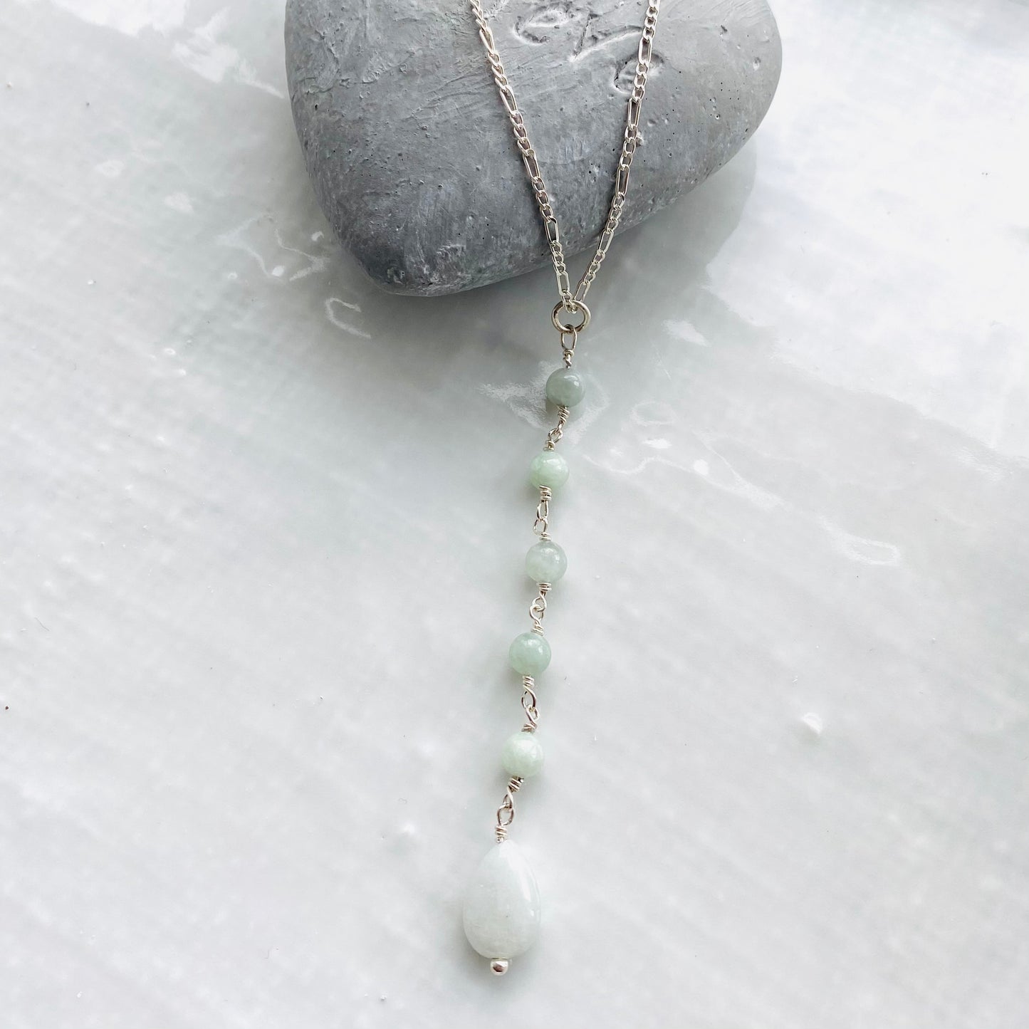 Pale green Jadeite and sterling silver dainty long drop necklace - Natural Jadeite statement jewellery