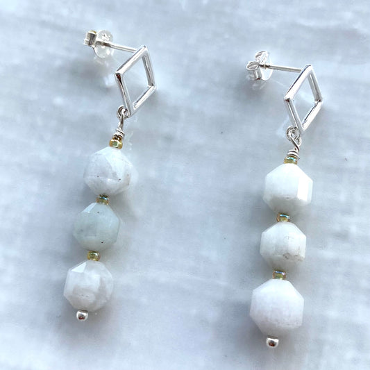 Pale Green Jadeite and sterling silver satellite earrings- Statement Natural Jadeite jewellery