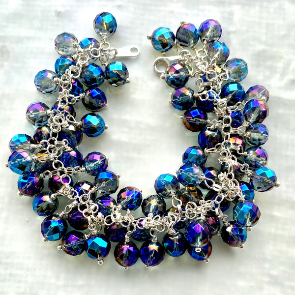 Sterling silver and blue rainbow coated clear quartz bobble bracelets