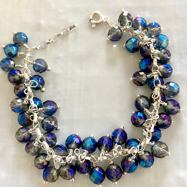 Sterling silver and blue rainbow coated clear quartz bobble bracelets