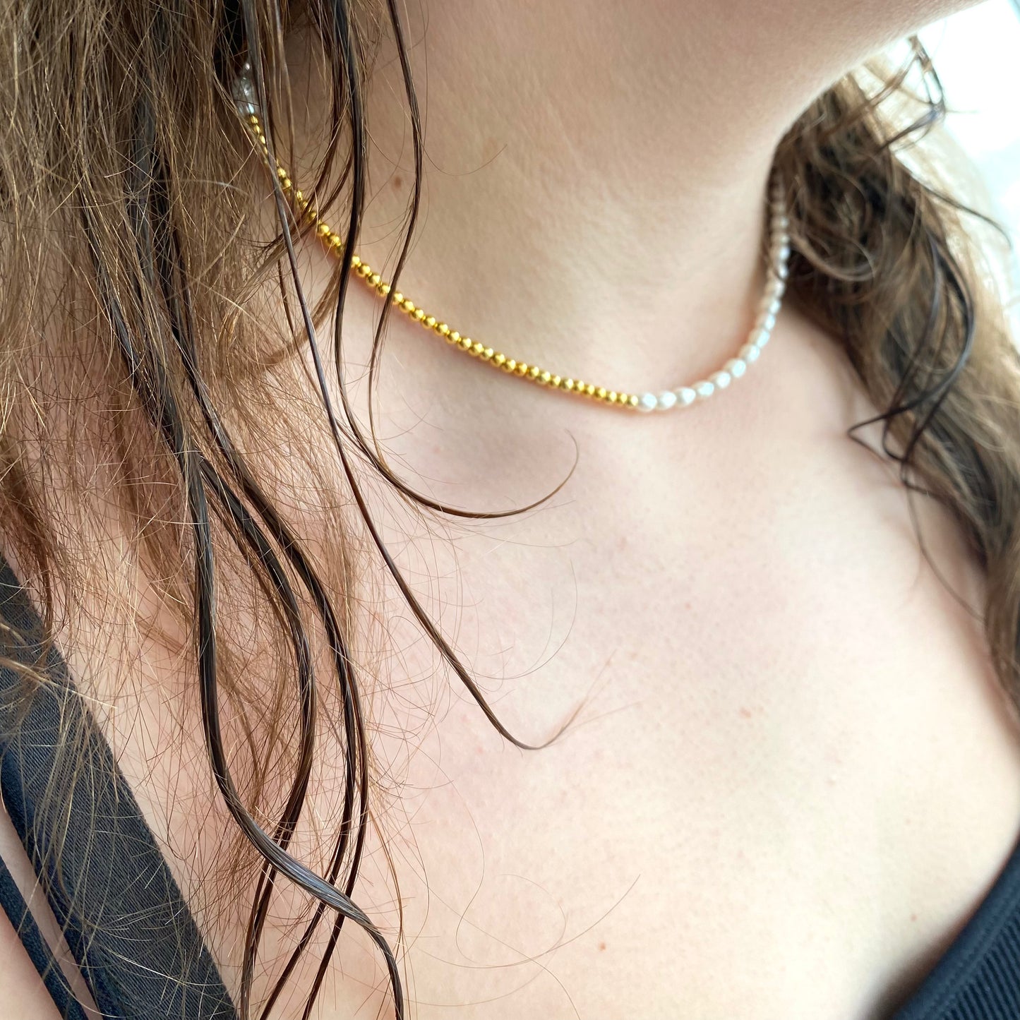 Rice pearl and gold necklace