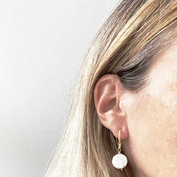Coin pearl baroque huggie earrings