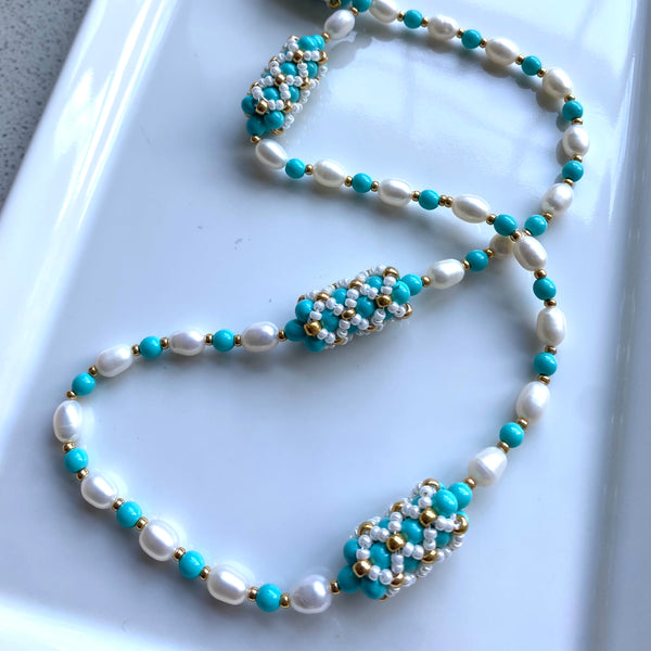 Handbeaded pearl and turquoise pearl statement necklace/bracelet