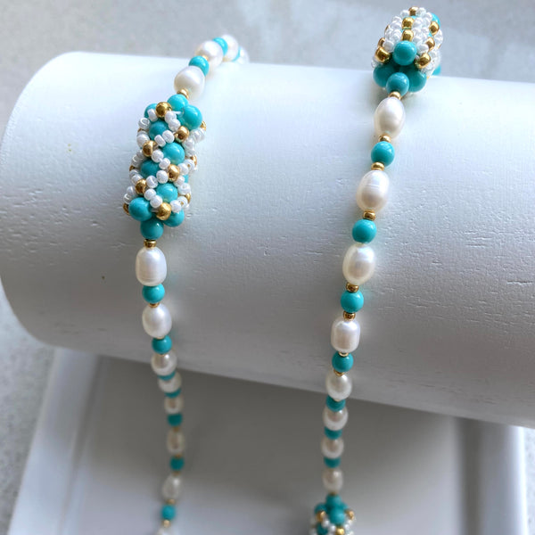 Handbeaded pearl and turquoise pearl statement necklace/bracelet