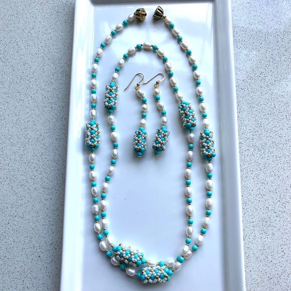 Handbeaded pearl and turquoise pearl statement necklace/bracelet