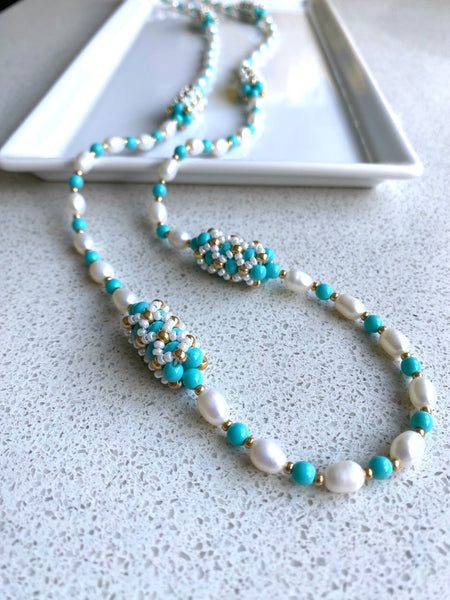 Handbeaded pearl and turquoise pearl statement necklace/bracelet