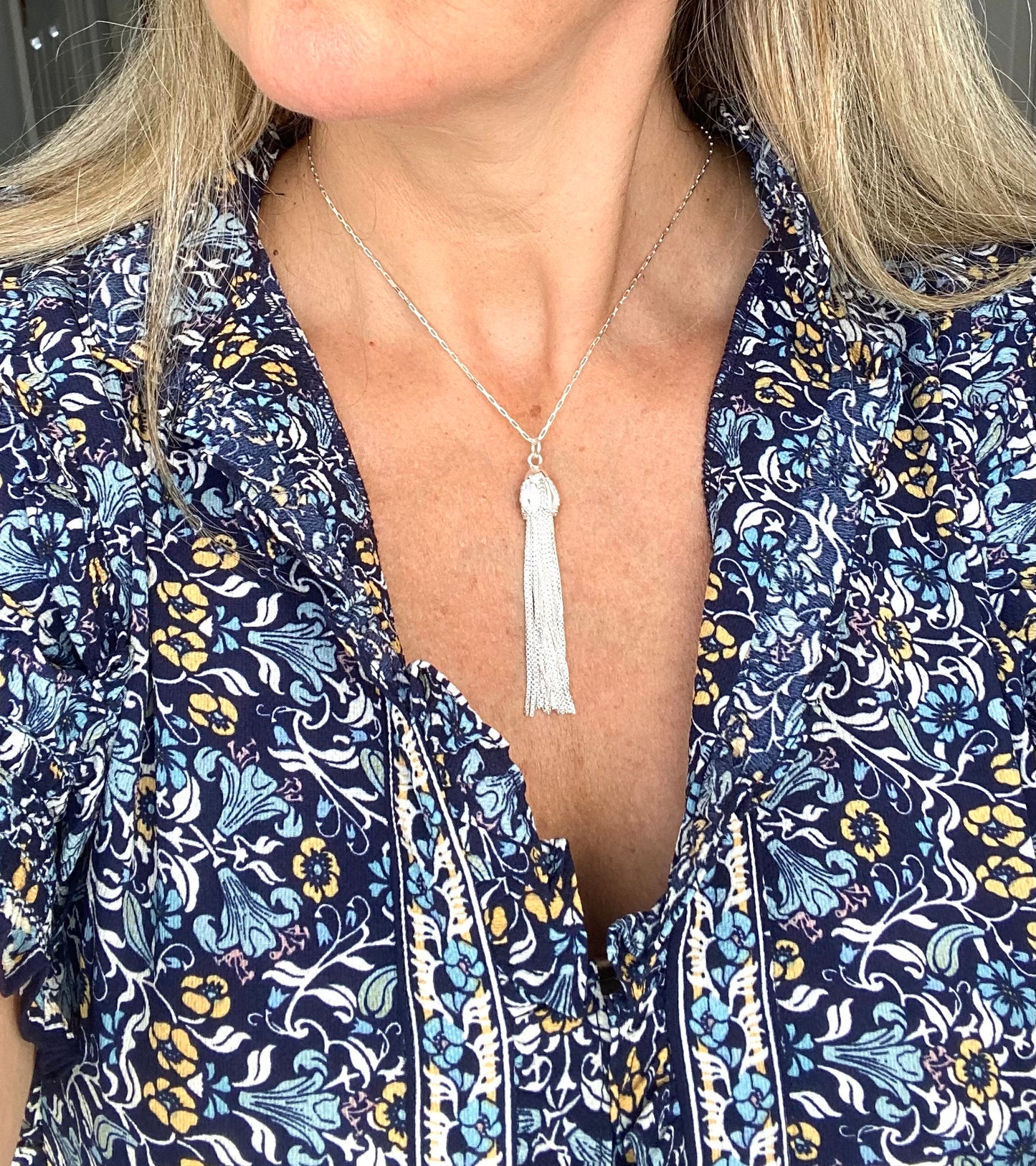 Sterling silver flower cap tassle necklace