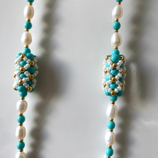 Handbeaded pearl and turquoise pearl statement necklace/bracelet