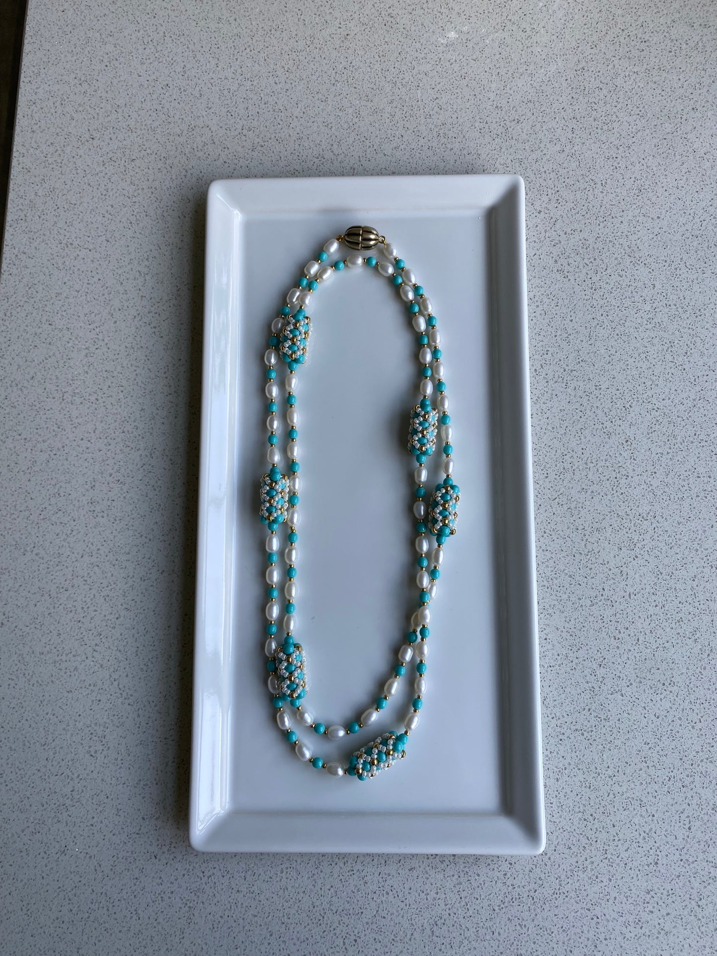 Handbeaded pearl and turquoise pearl statement necklace