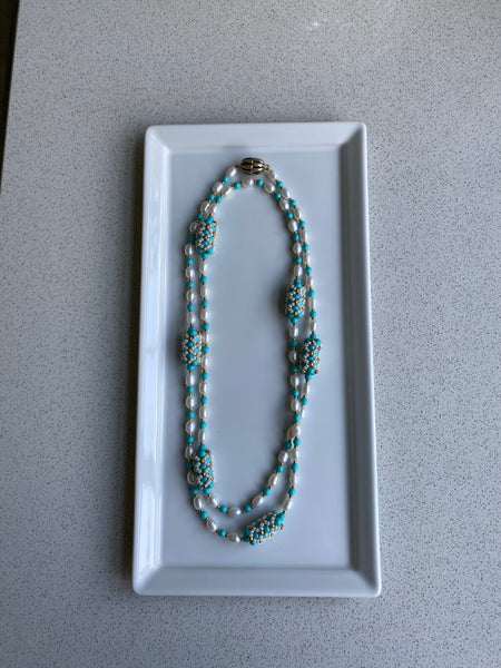 Handbeaded pearl and turquoise pearl statement necklace/bracelet