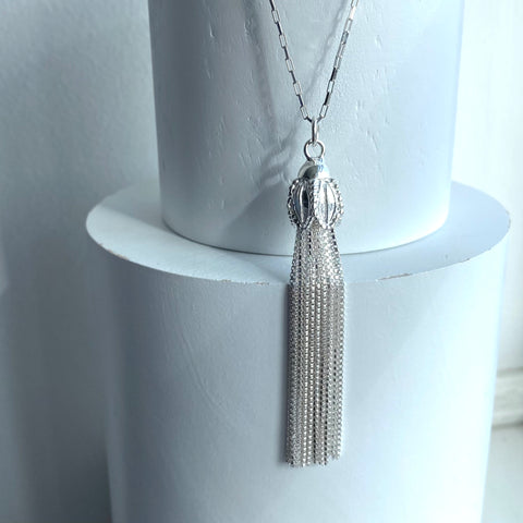 Sterling silver flower cap tassle necklace