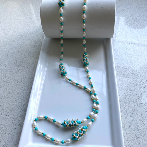 Handbeaded pearl and turquoise pearl statement necklace/bracelet