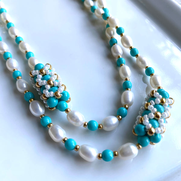 Handbeaded pearl and turquoise pearl statement necklace/bracelet