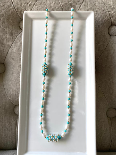 Handbeaded pearl and turquoise pearl statement necklace/bracelet