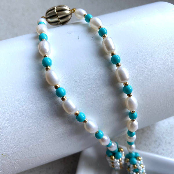 Handbeaded pearl and turquoise pearl statement necklace/bracelet