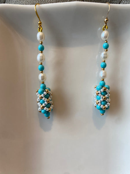 Handbeaded pearl and turquoise pearl statement earrings