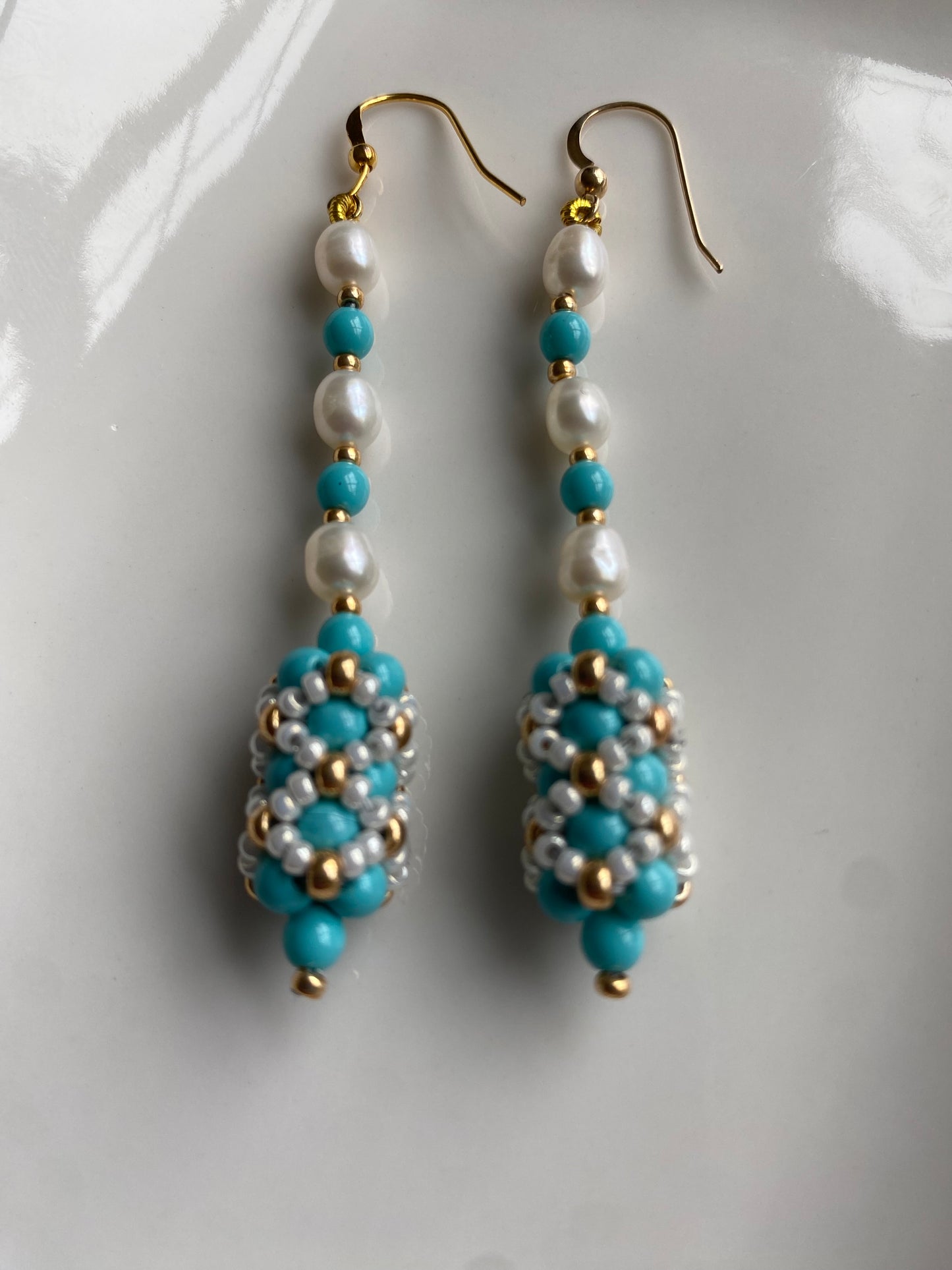 Handbeaded pearl and turquoise pearl statement earrings