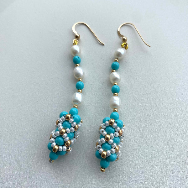 Handbeaded pearl and turquoise pearl statement earrings