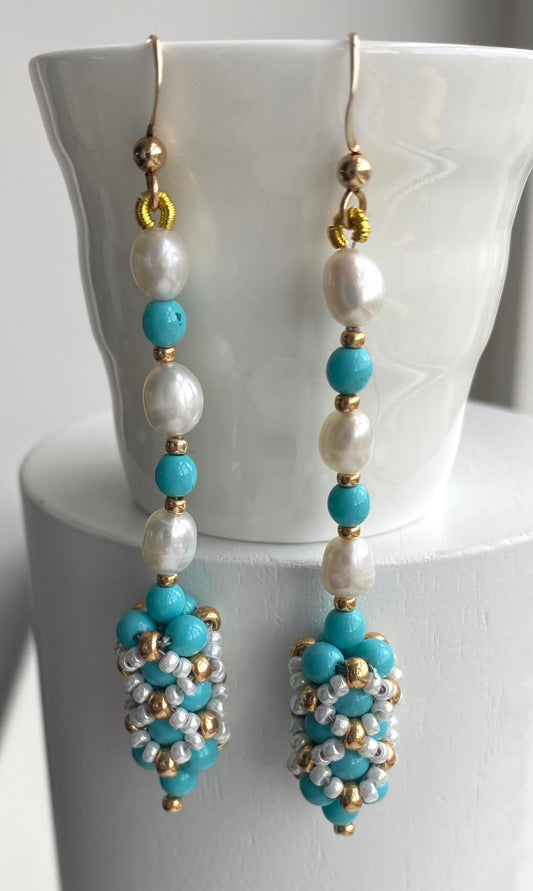 Handbeaded pearl and turquoise pearl statement earrings