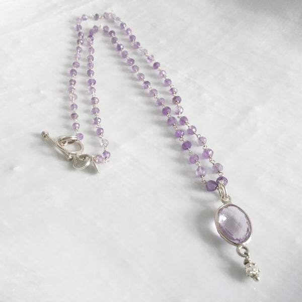 Sterling silver amethyst pendant rosary style necklace