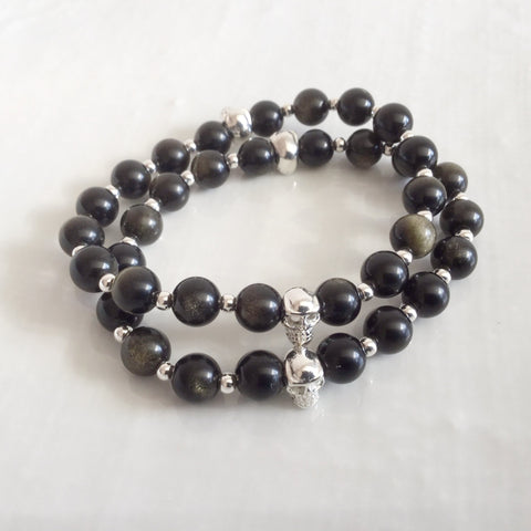 Black obsidian sterling silver skull bracelets