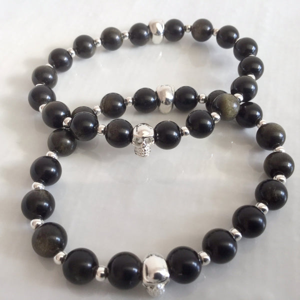 Black obsidian sterling silver skull bracelets