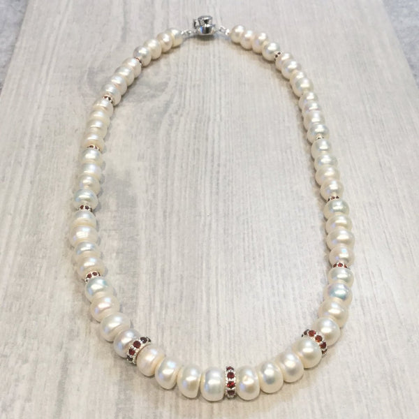 Ivory button pearl necklace with garnet