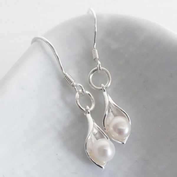 Calla lily earrings with freshwater cultured pearls