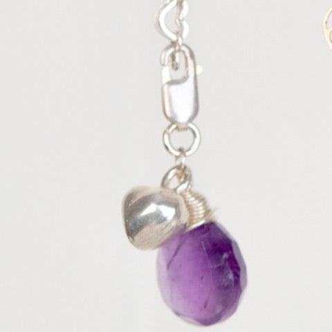 Sterling silver heart links bracelet with amethyst drop and solid heart charm