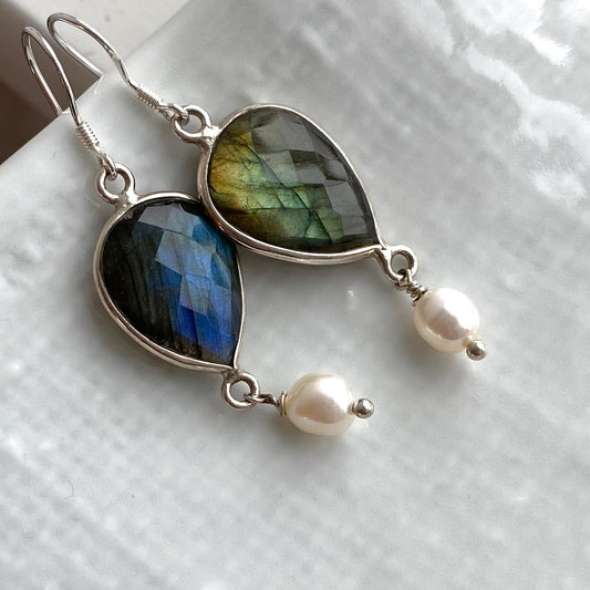 Labradorite and pearl earrings