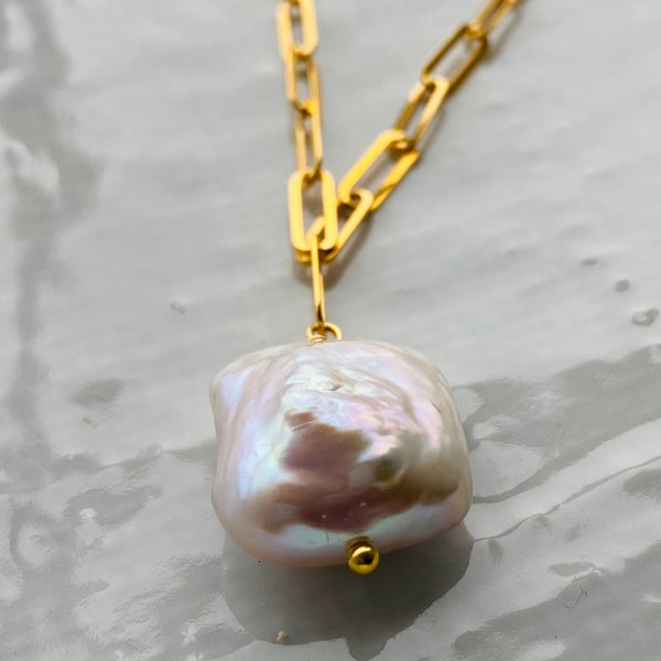 Flat link baroque pearl chain necklace