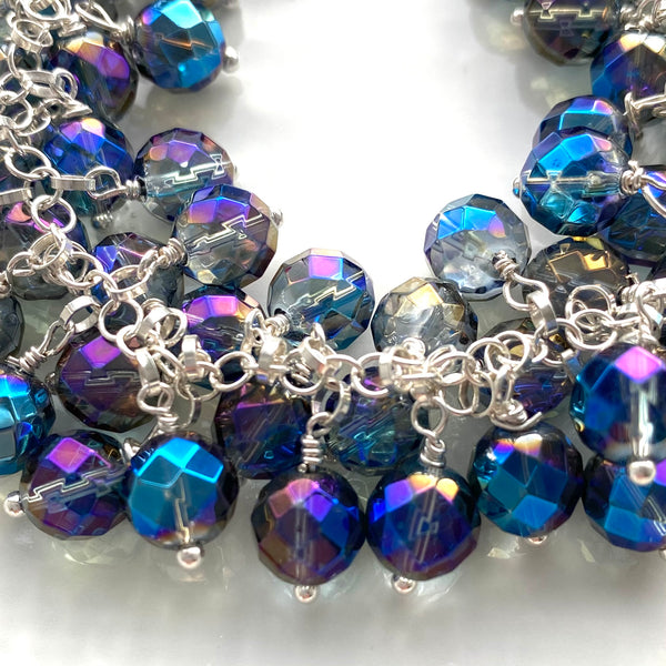 Sterling silver and blue rainbow coated clear quartz bobble bracelets
