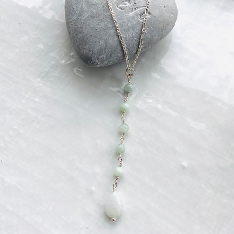 Jadeite and sterling silver long drop necklace