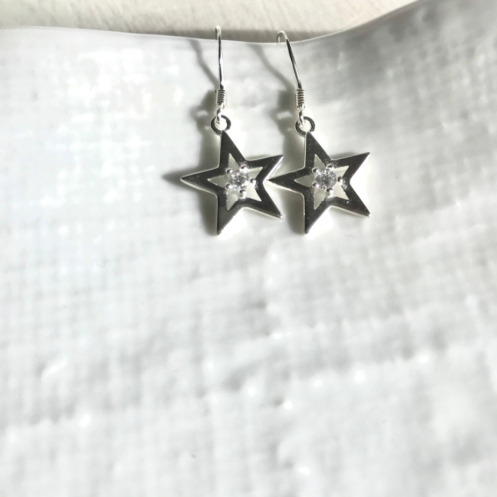 Sterling silver single star cubic zirconia earrings