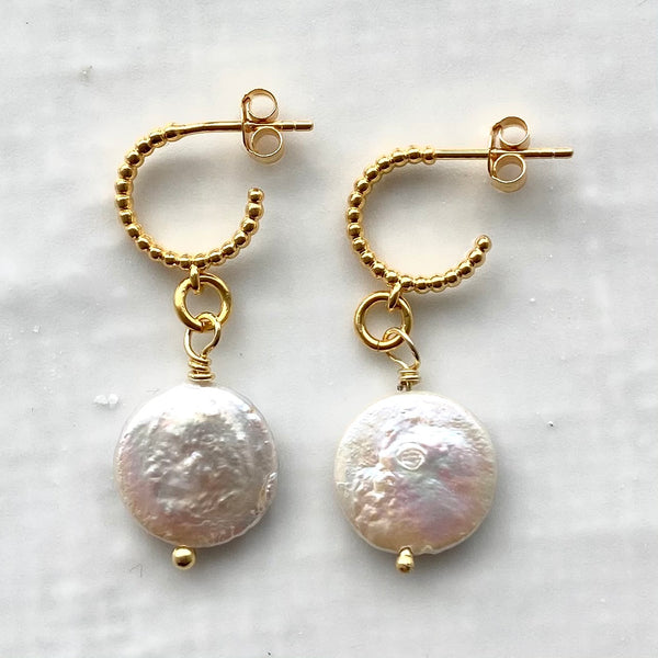 Coin pearl baroque huggie earrings