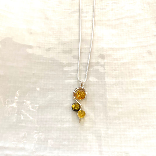 Sterling silver three drop amber pendant necklace