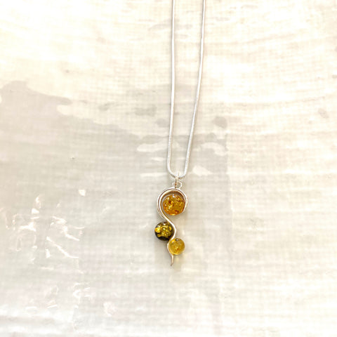 Sterling silver three drop amber pendant necklace