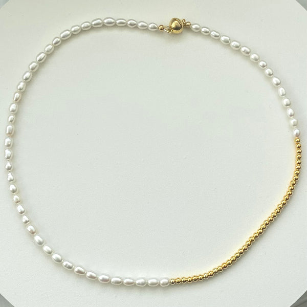 Rice pearl and gold necklace