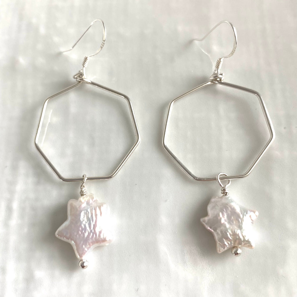 Pearl star heptagonal hoop earrings